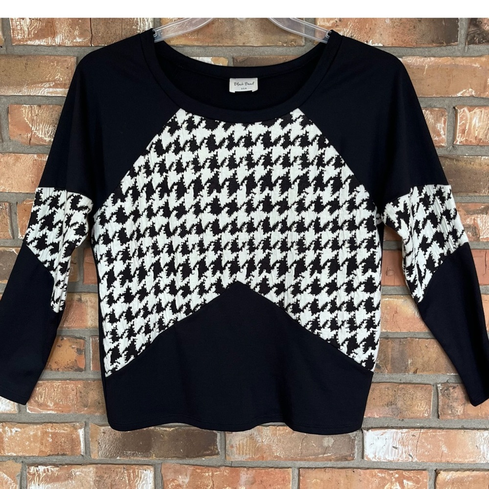 Black Bead Women’s Black & White Houndstooth Print Long Sleeve Top Size Large